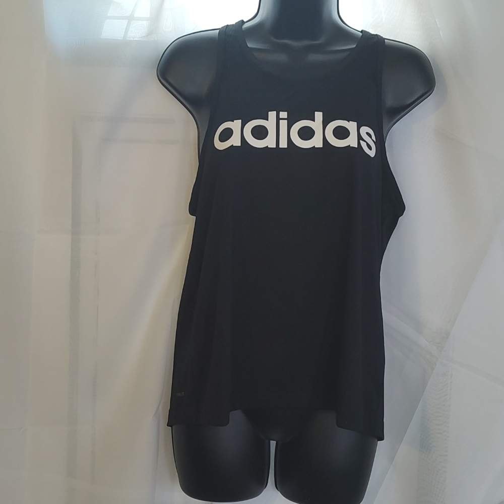 ADIDAS high low hem racer back black tank with white lettering